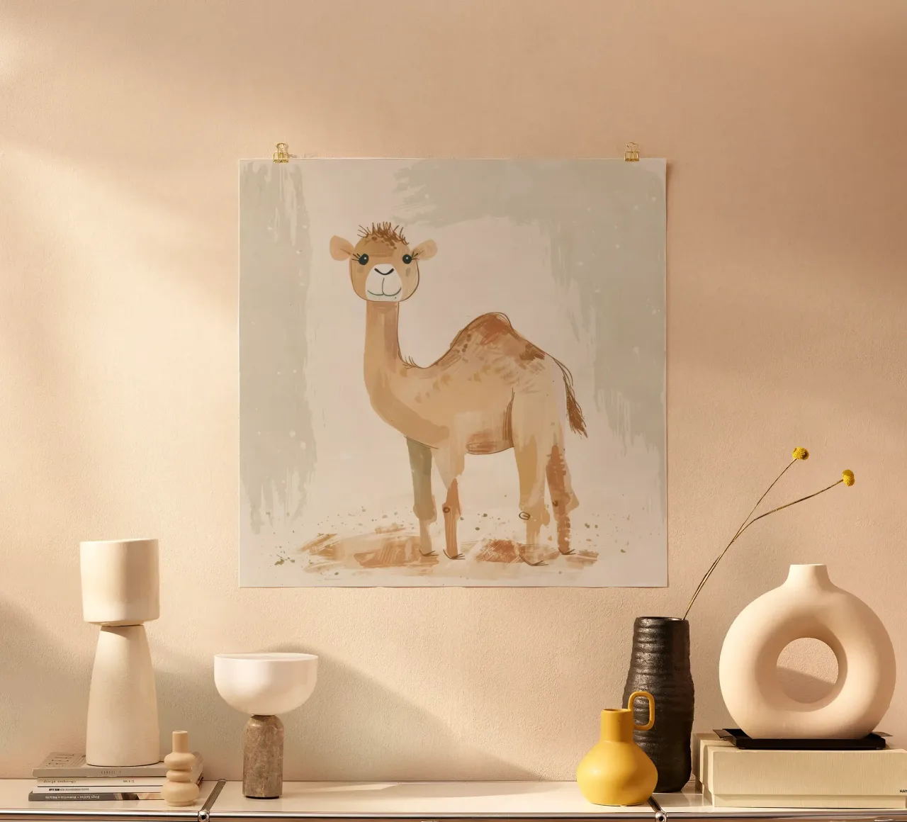 Illustrazione stilizzata di un cammello dromedario poster con telaio in legno da DesignDoodle