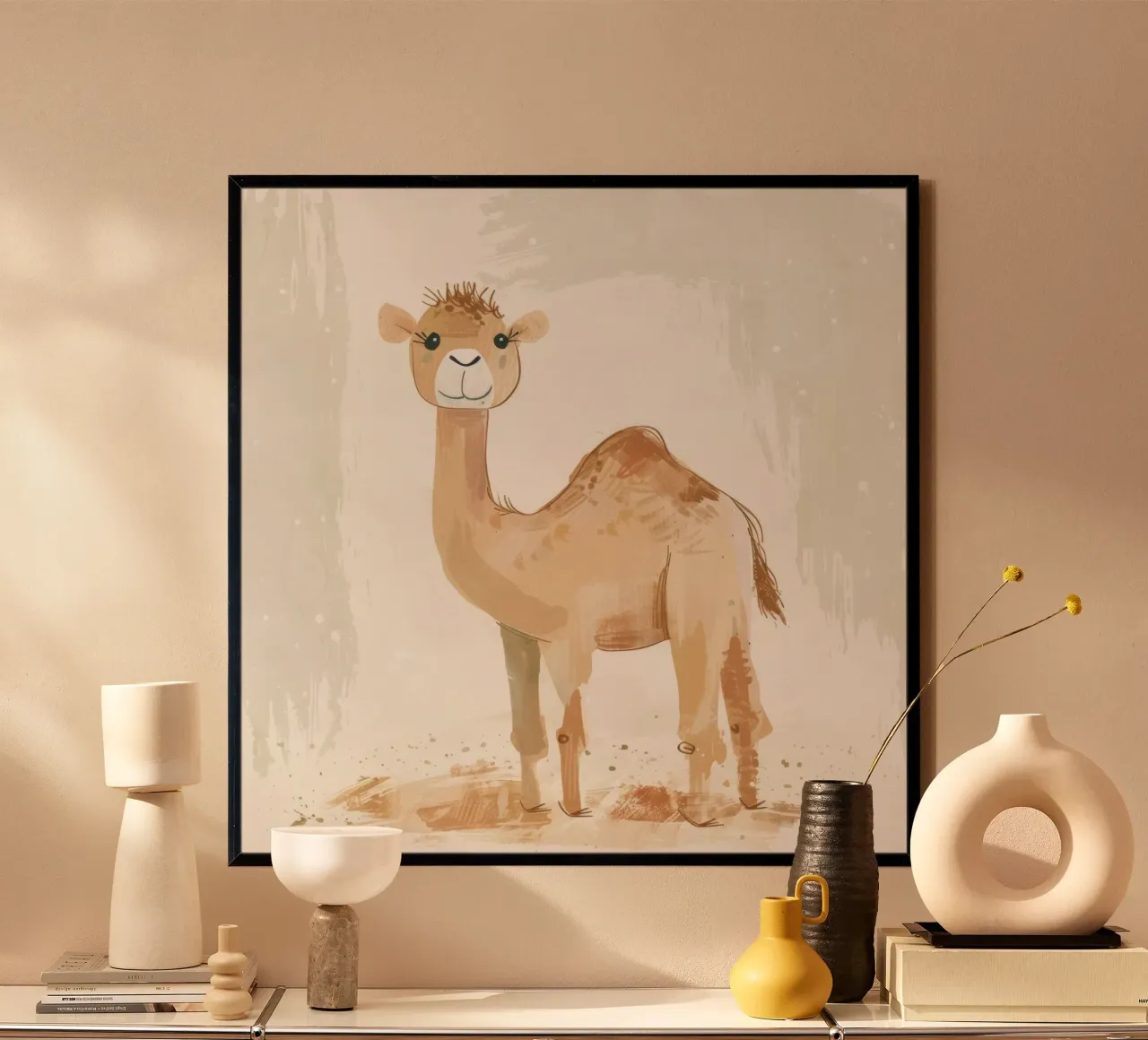 Illustrazione stilizzata di un cammello dromedario poster con telaio in legno da DesignDoodle