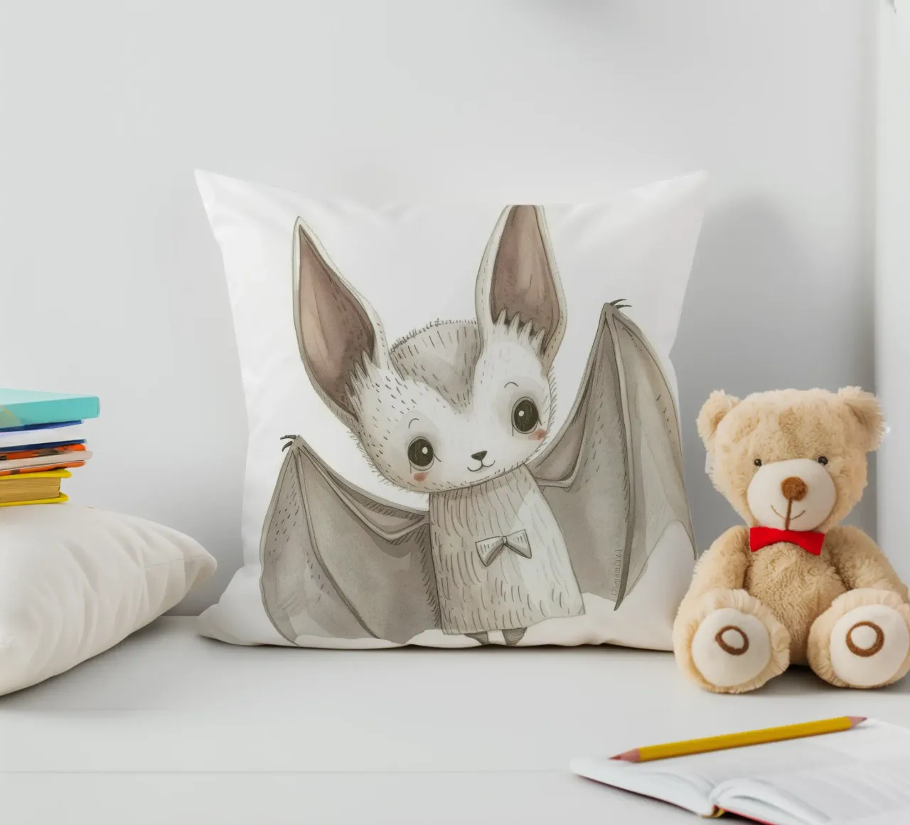 Illustrazione stilizzata di un pipistrello grigio con ali distese cuscino da DesignDoodle