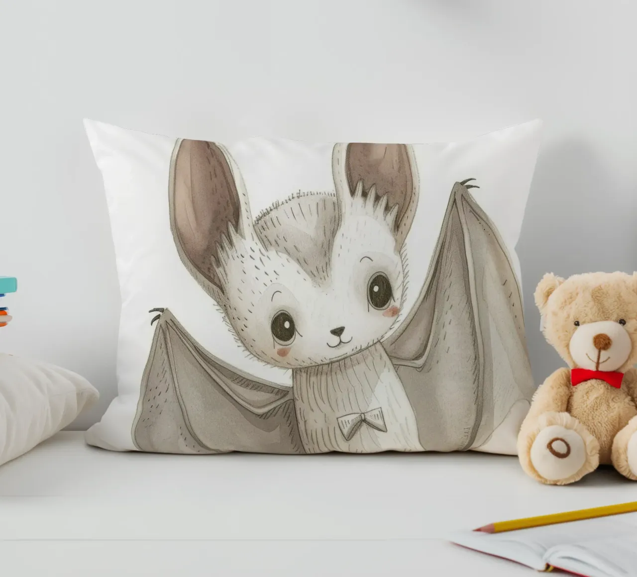 Illustrazione stilizzata di un pipistrello grigio con ali distese cuscino da DesignDoodle