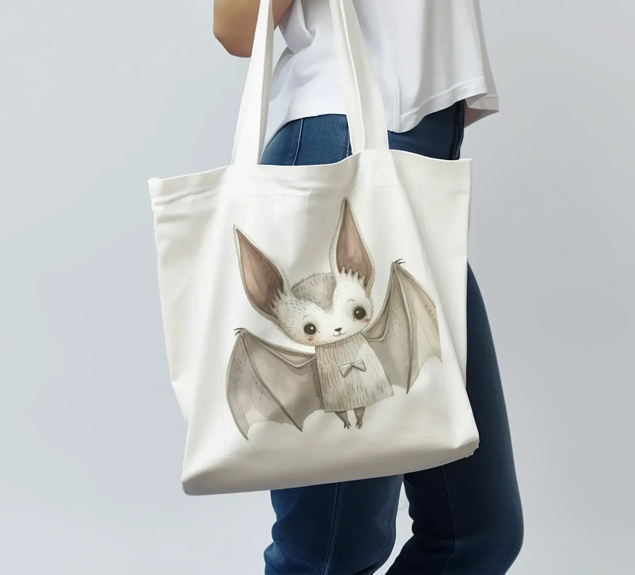 Illustrazione stilizzata di un pipistrello grigio con ali distese borsa in juta da DesignDoodle
