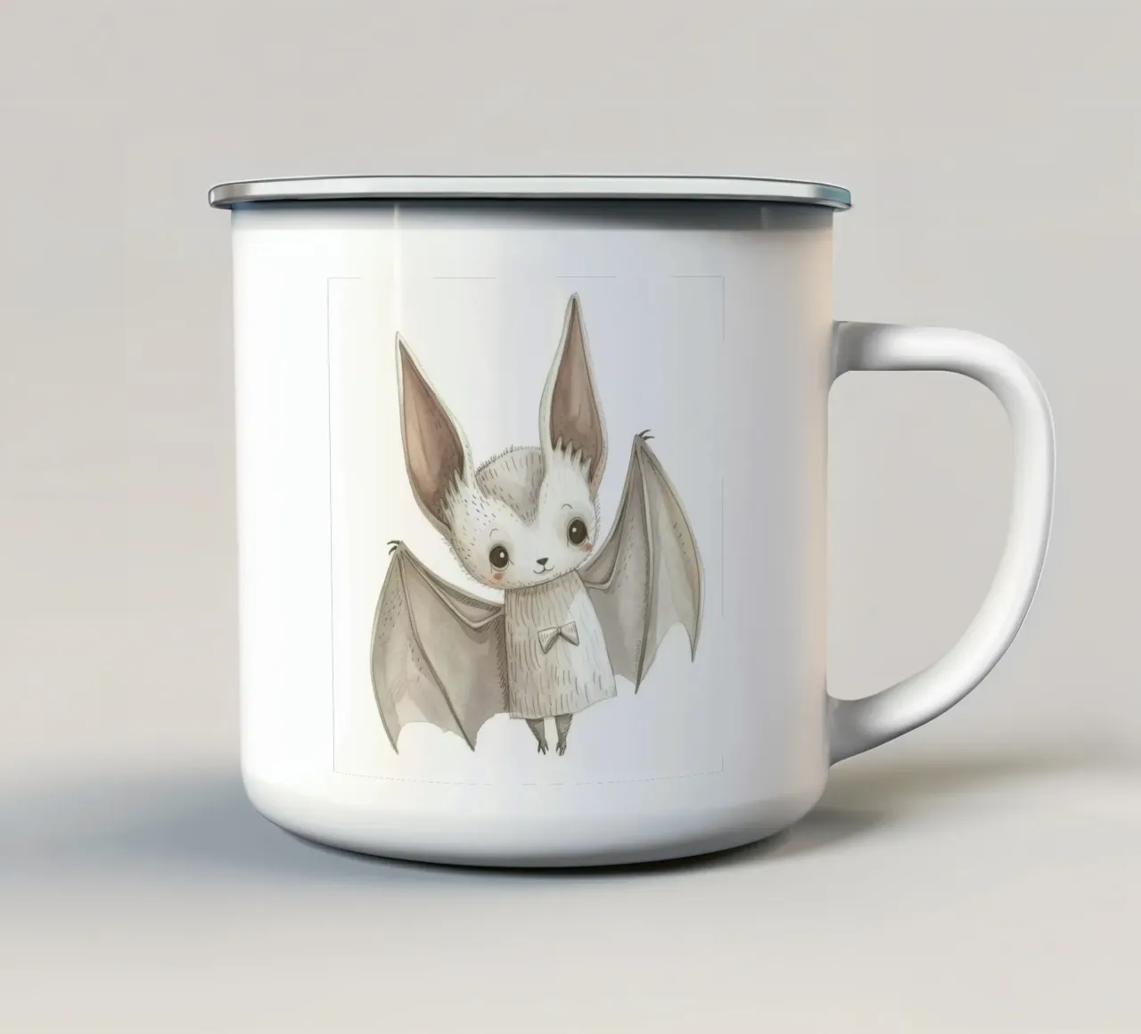Illustrazione stilizzata di un pipistrello grigio con ali distese tazza in smalto da DesignDoodle
