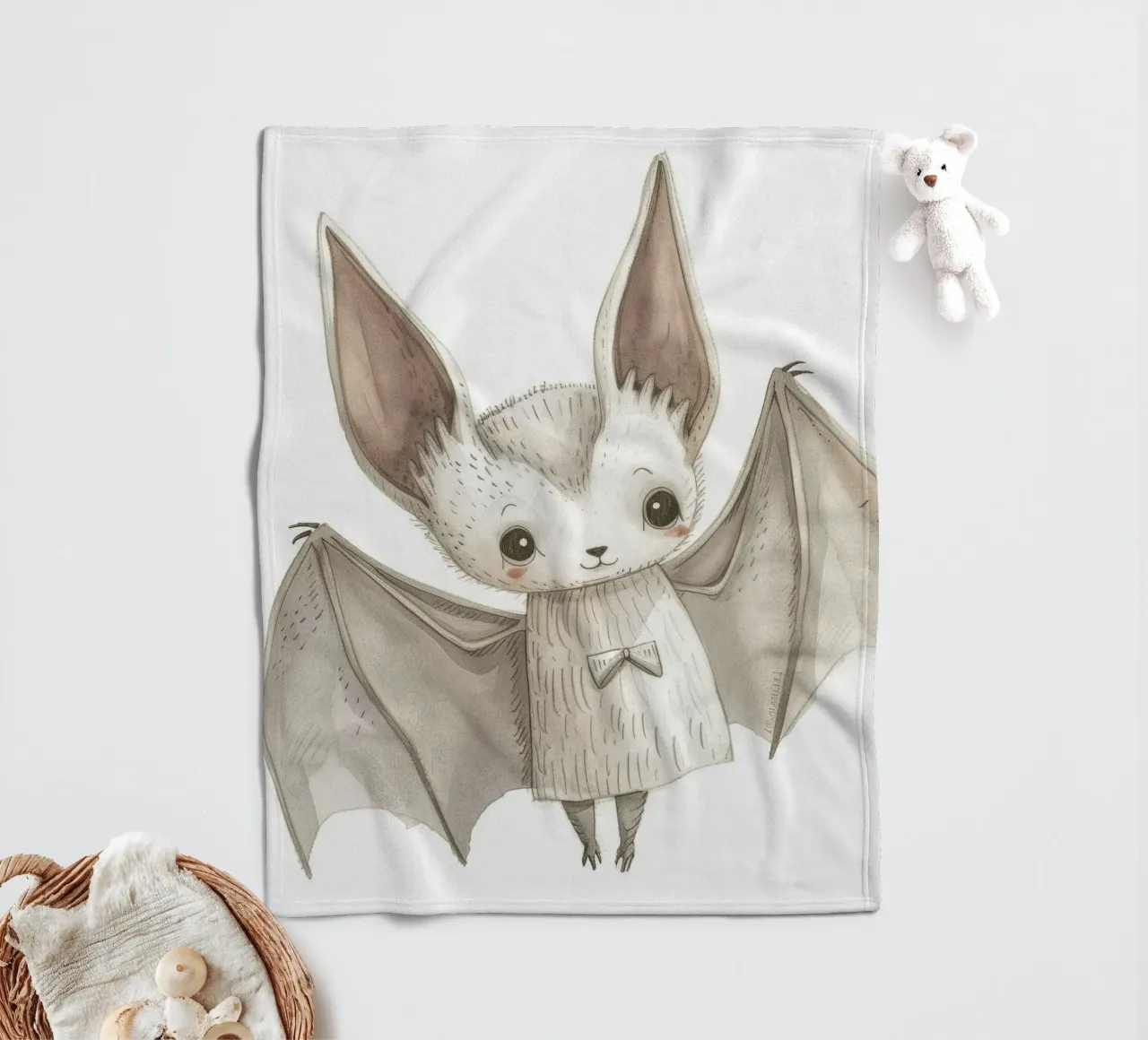 Illustrazione stilizzata di un pipistrello grigio con ali distese coperta in pile da DesignDoodle