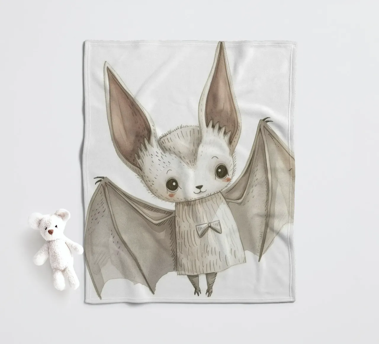 Illustrazione stilizzata di un pipistrello grigio con ali distese coperta in pile da DesignDoodle