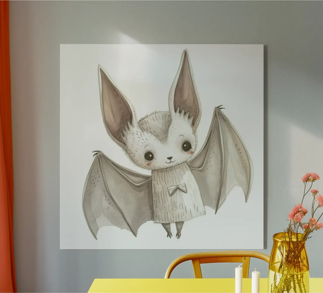 Illustrazione stilizzata di un pipistrello grigio con ali distese plexiglass da DesignDoodle