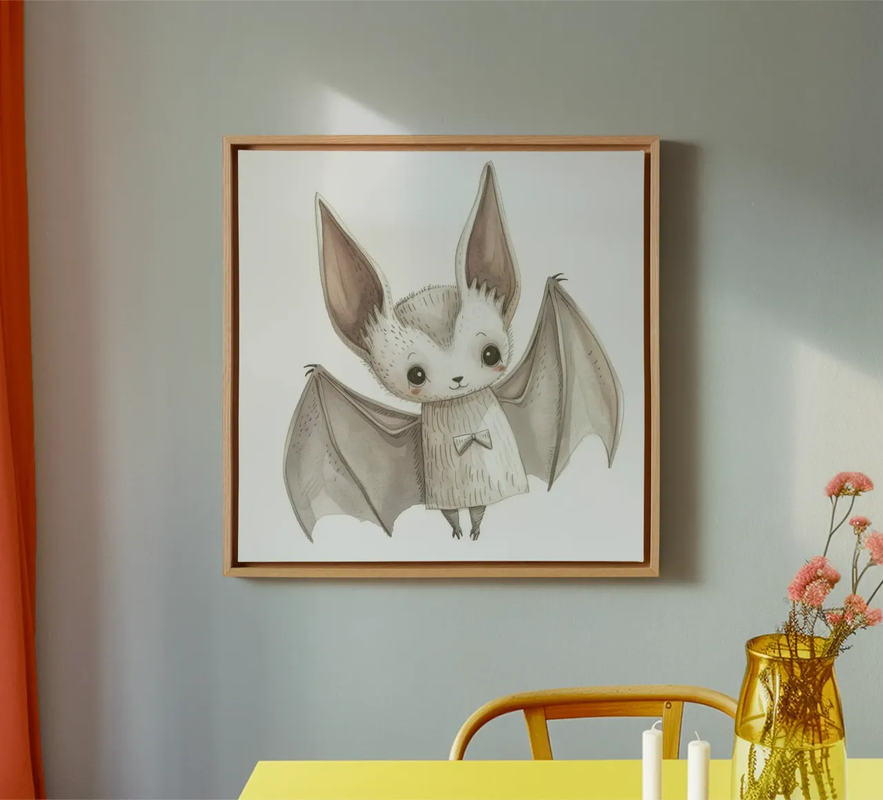 Illustrazione stilizzata di un pipistrello grigio con ali distese tela con Cornice a cassetta da DesignDoodle