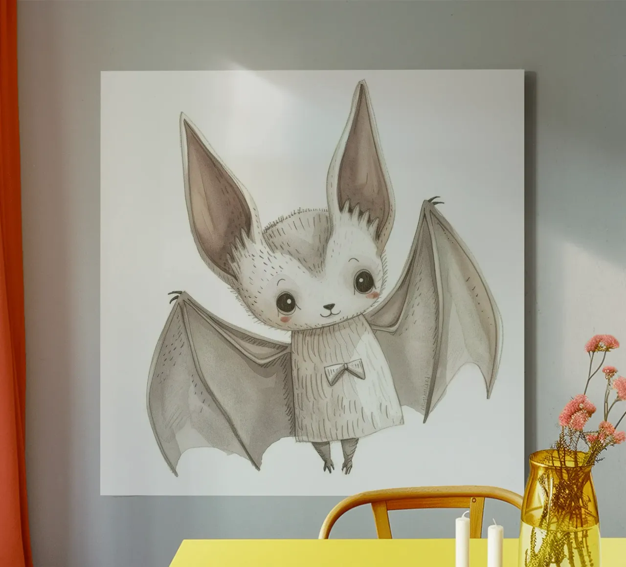 Illustrazione stilizzata di un pipistrello grigio con ali distese tela con Cornice a cassetta da DesignDoodle