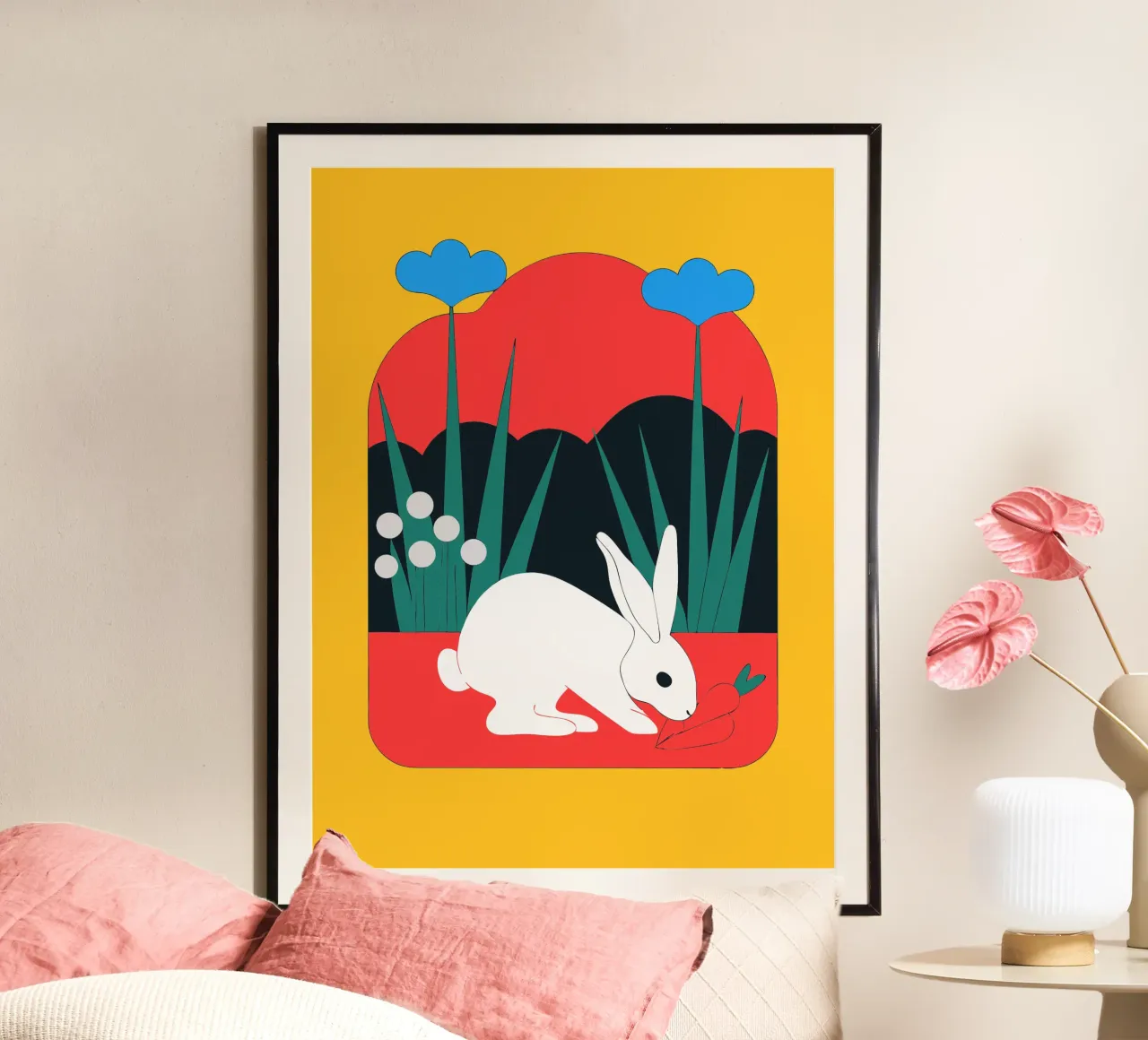 Coniglio in cerca di cibo poster con telaio in legno da OUR SHOP