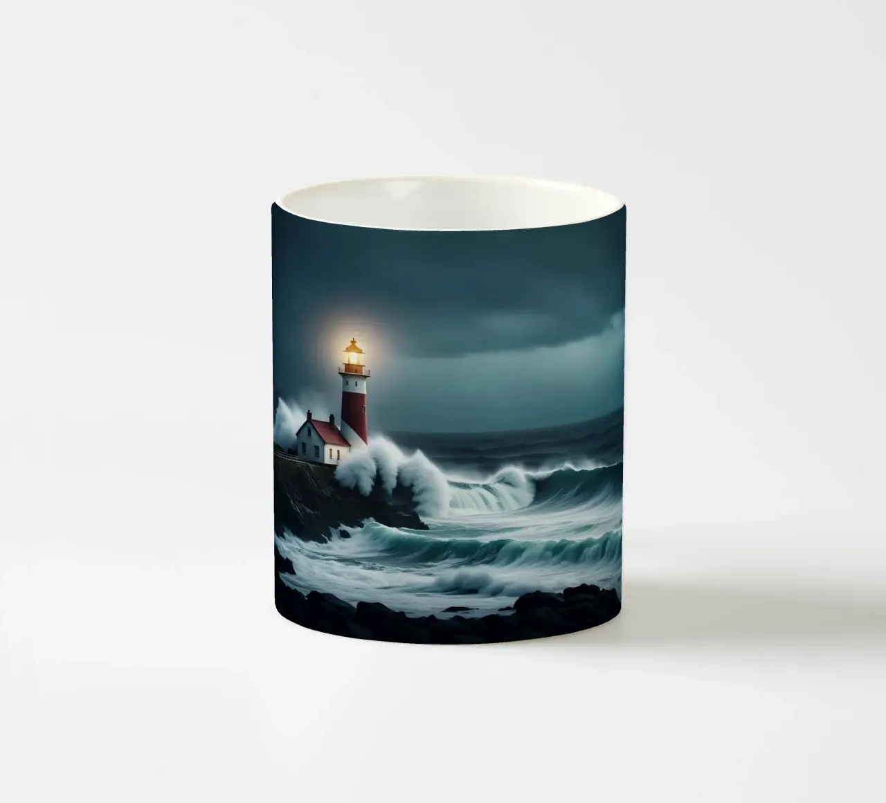 Le onde si infrangono contro il faro tazza in ceramica da Wild Beauty