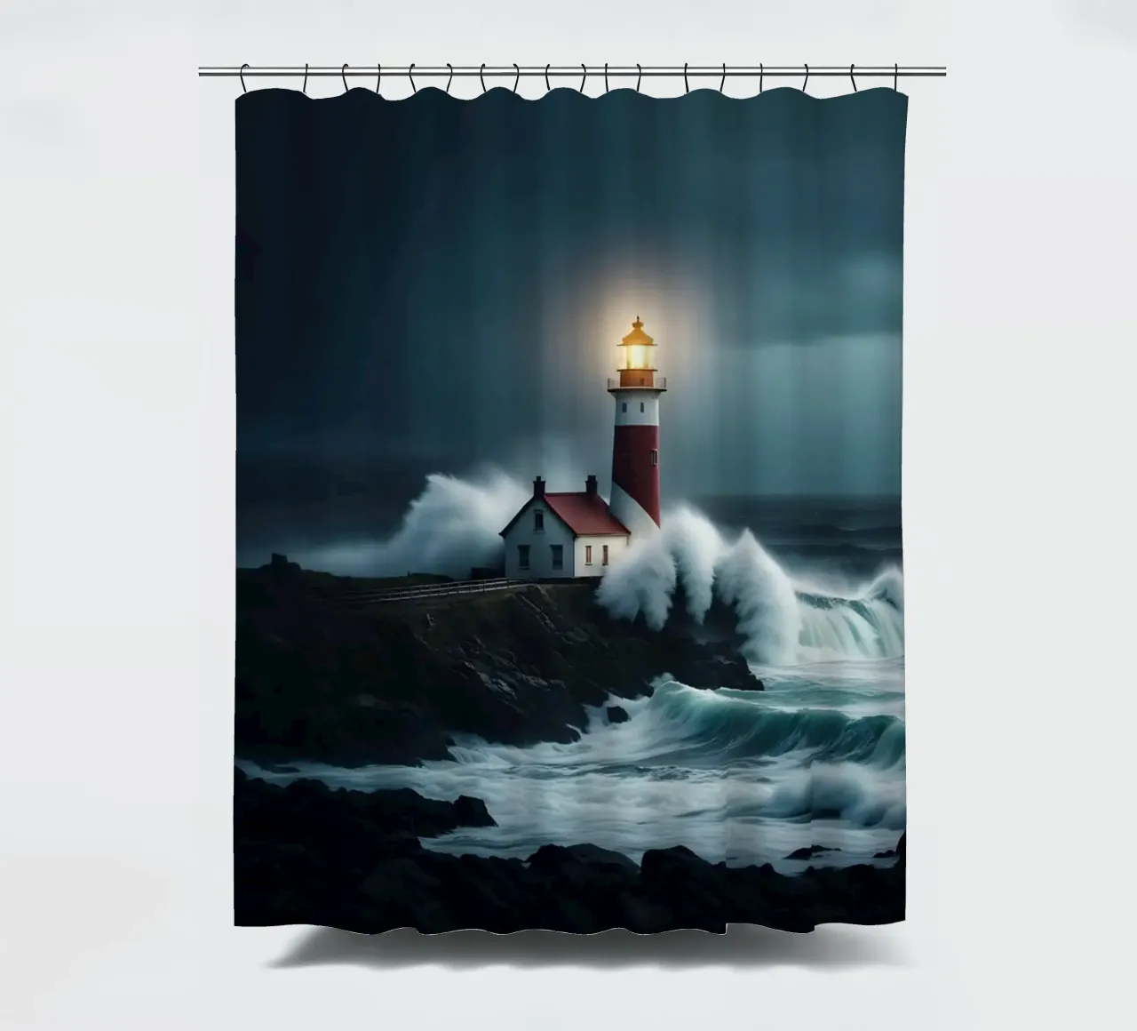 Waves breaking against the lighthouse shower curtain by Wild Beauty