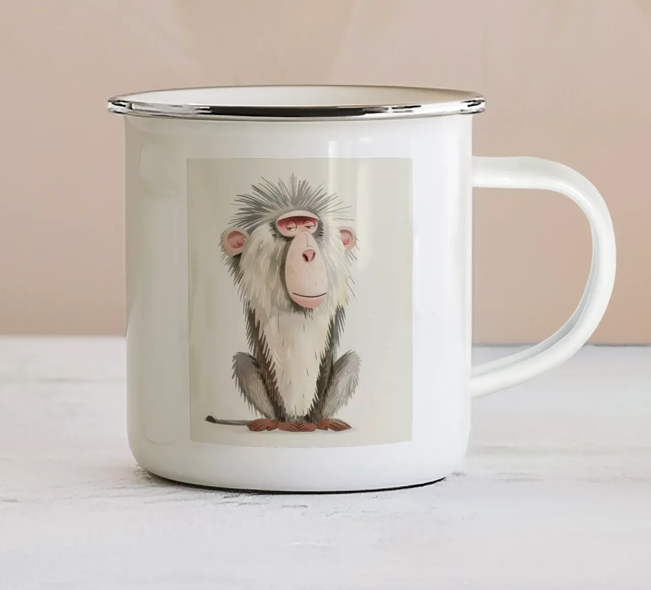 Illustrazione stilizzata di un primate seduto tazza in smalto da DesignDoodle