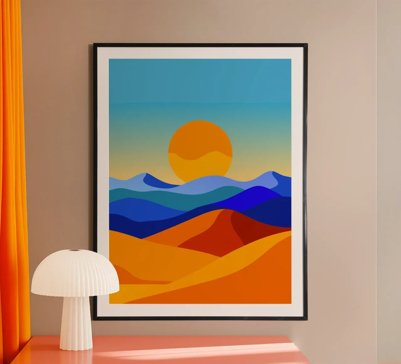 paysage désertique minimaliste illustration peinture art poster avec cadre en aluminium de zetazone