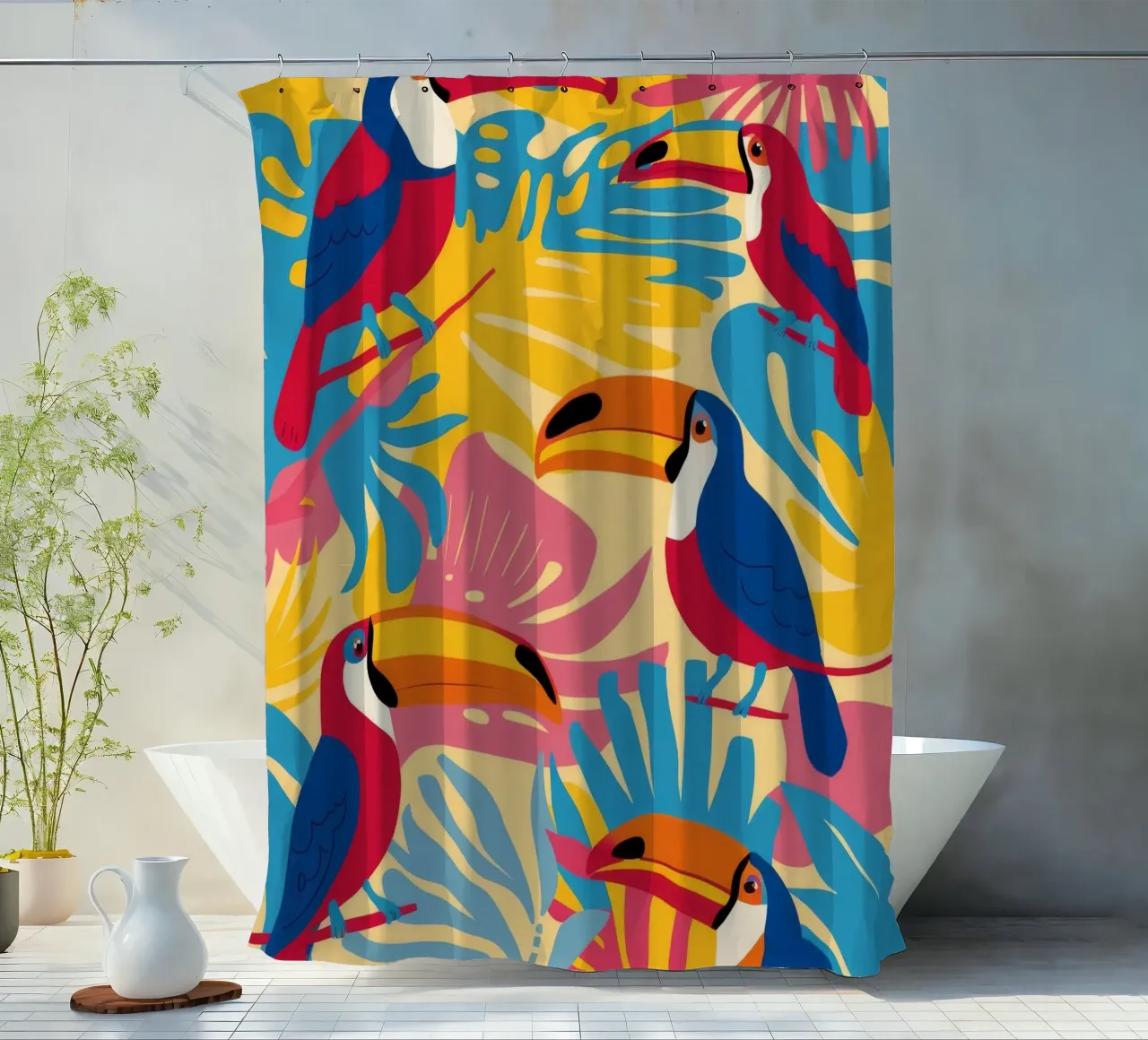 Toucan Jungle Gathering shower curtain by Haven Mirage