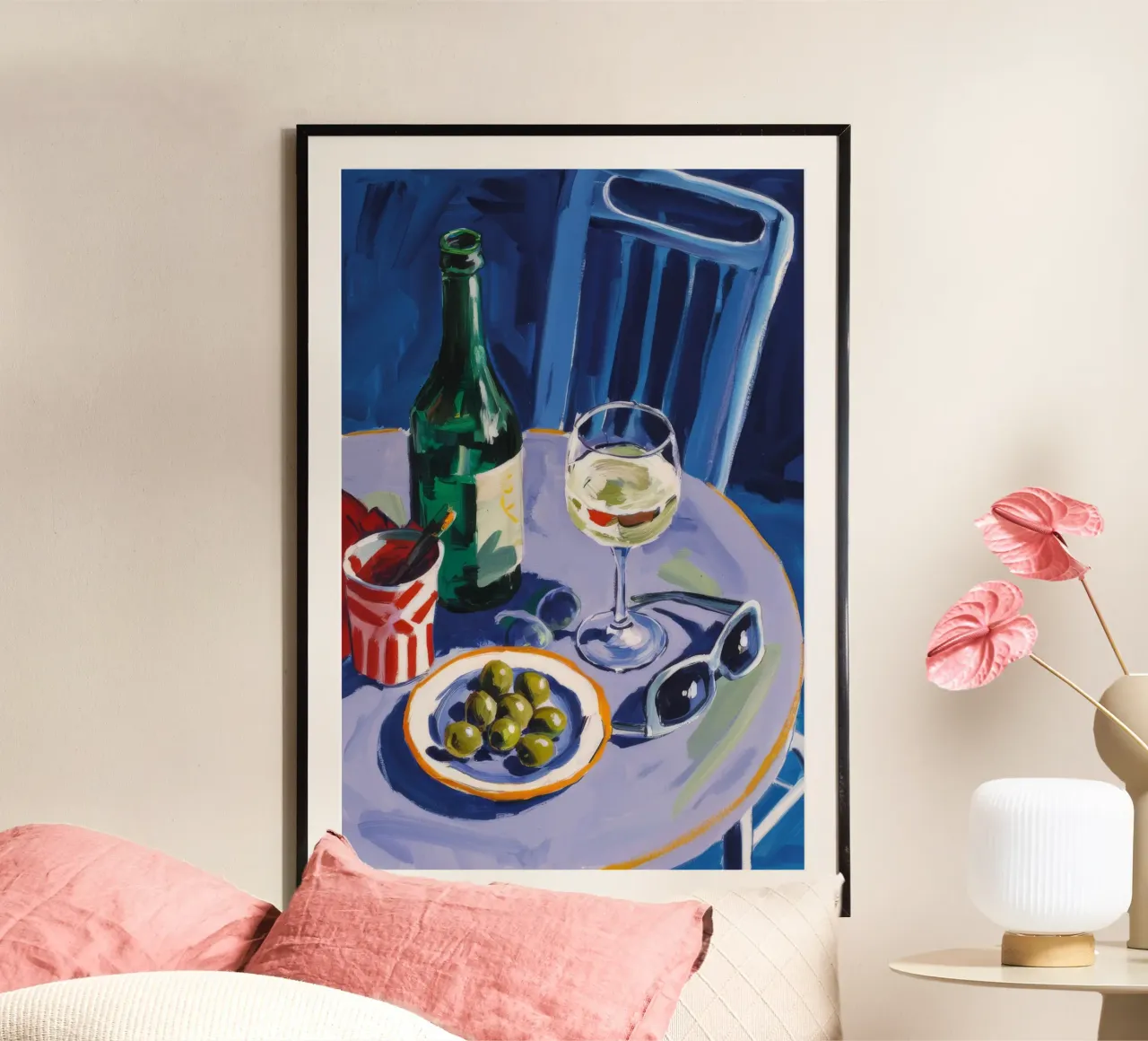 Abend-Olivenwein Poster mit Aluminium Rahmen von Paez Harmony