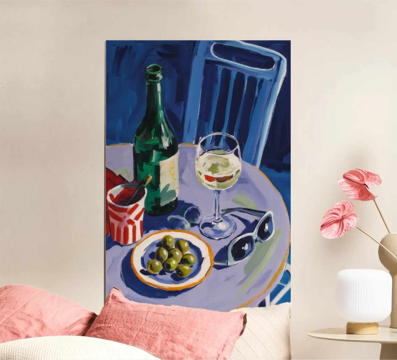Abend-Olivenwein Poster mit Aluminium Rahmen von Paez Harmony