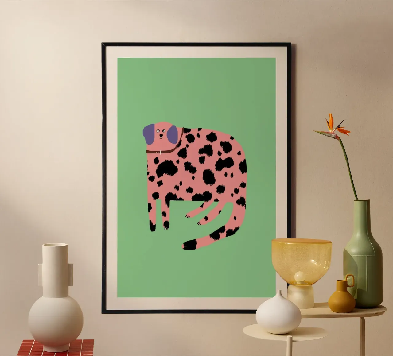 Pink Dalmatian poster con telaio in plastica da Lora O'Callaghan