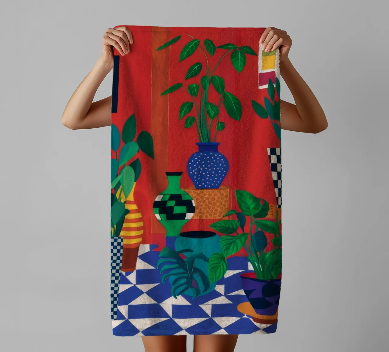 Karmozijnrode vaas jungle badhanddoek van Lumi Eyes