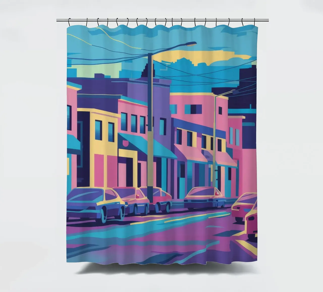 Sunset Street Hues shower curtain by Chroma Haven