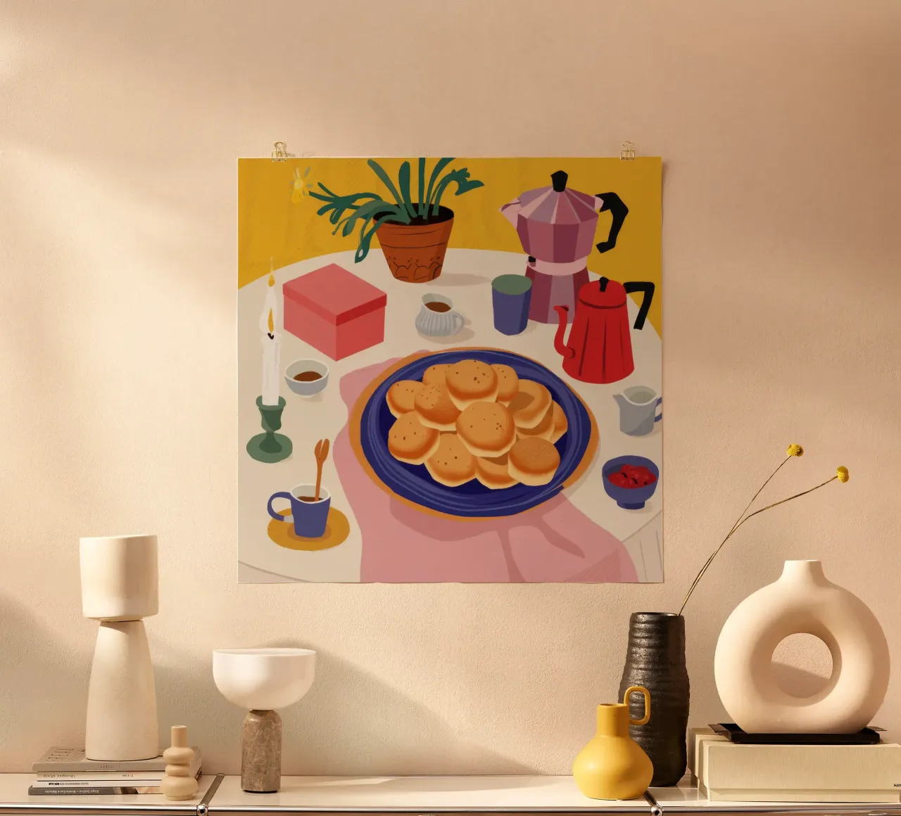 Rituale del caffè mattutino poster con telaio in legno da Chroma Haven