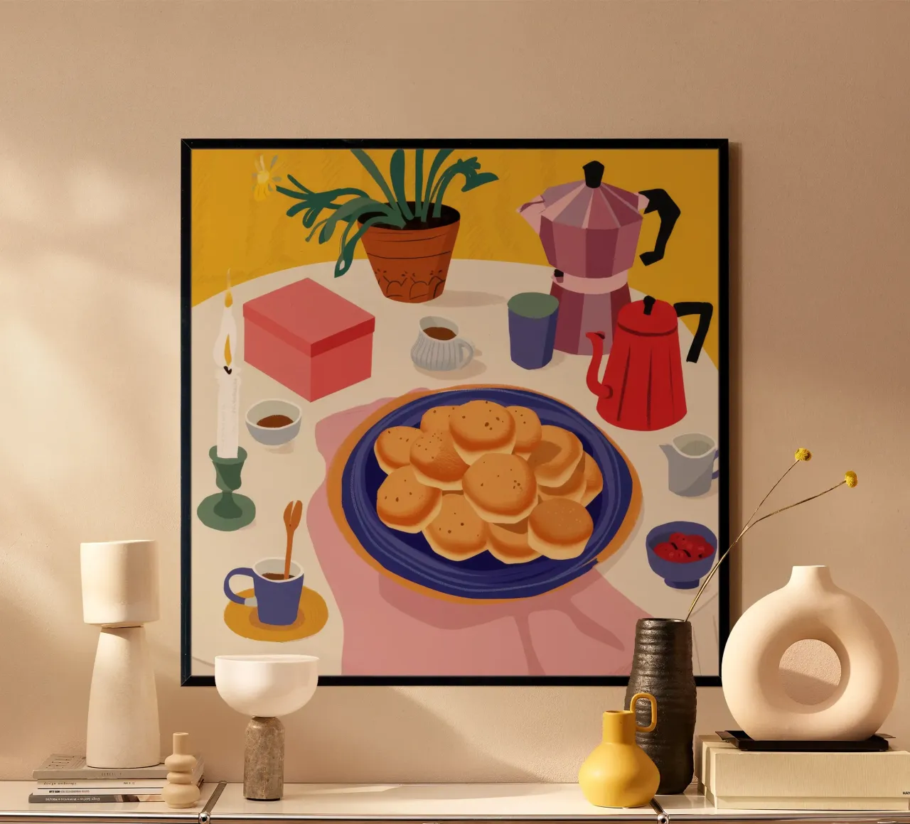 Rituale del caffè mattutino poster con telaio in legno da Chroma Haven