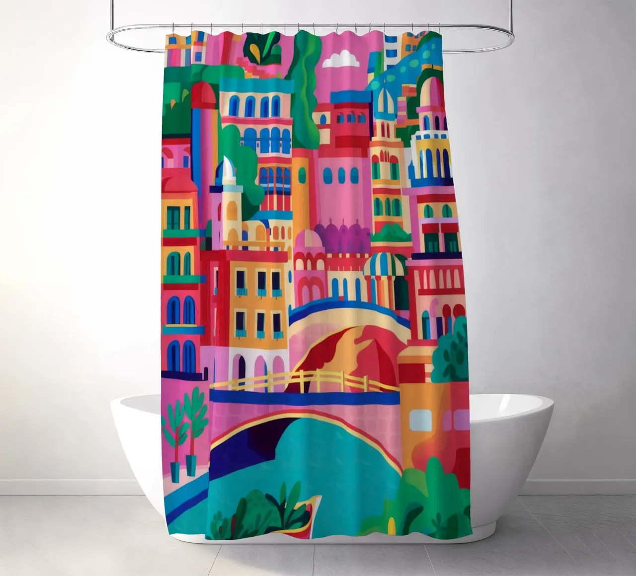 Riverside Rainbow Town shower curtain by Chroma Haven