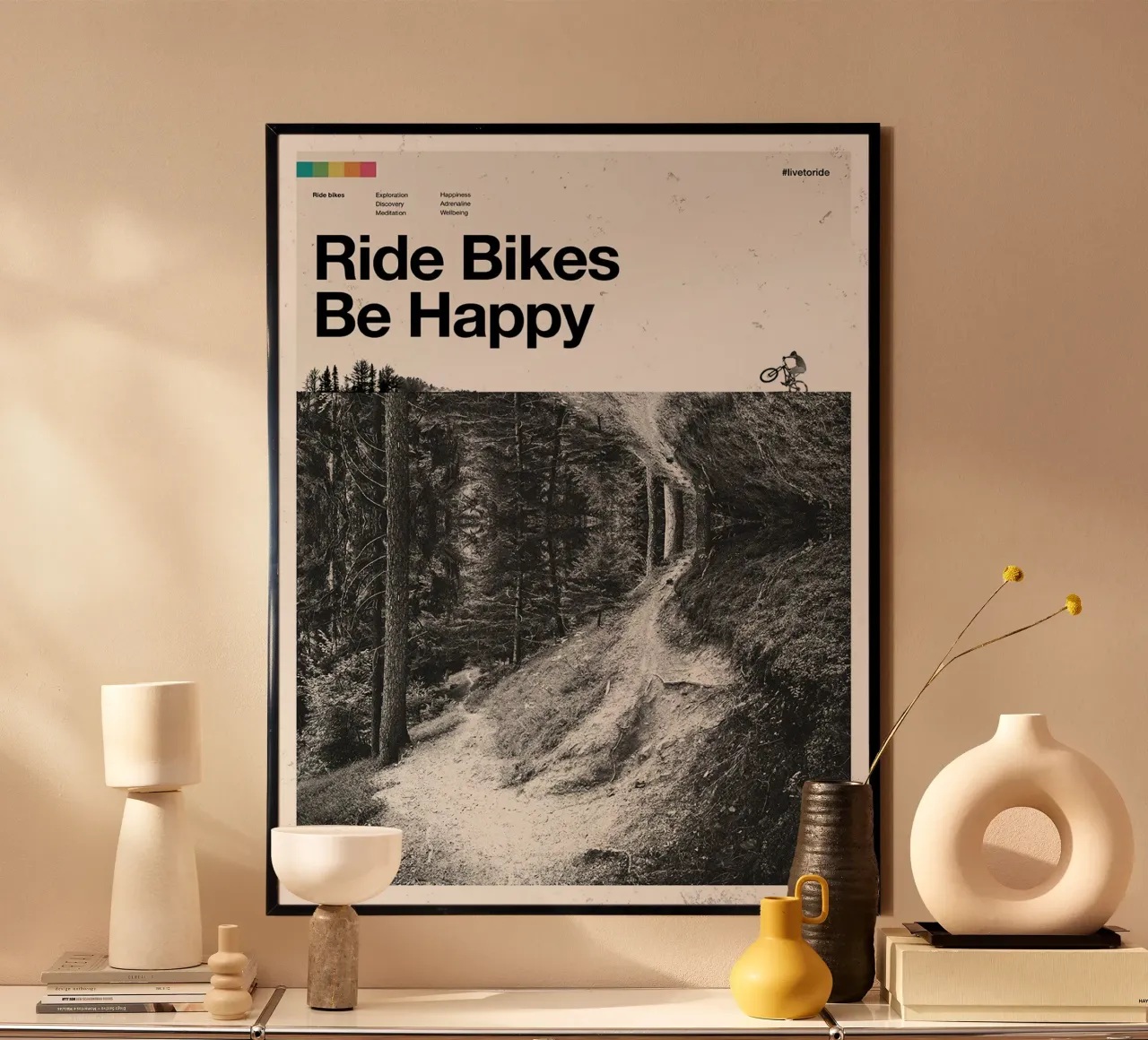 Cycling Print - Ride Bikes Be Happy poster with aluminum frame by Classicprint