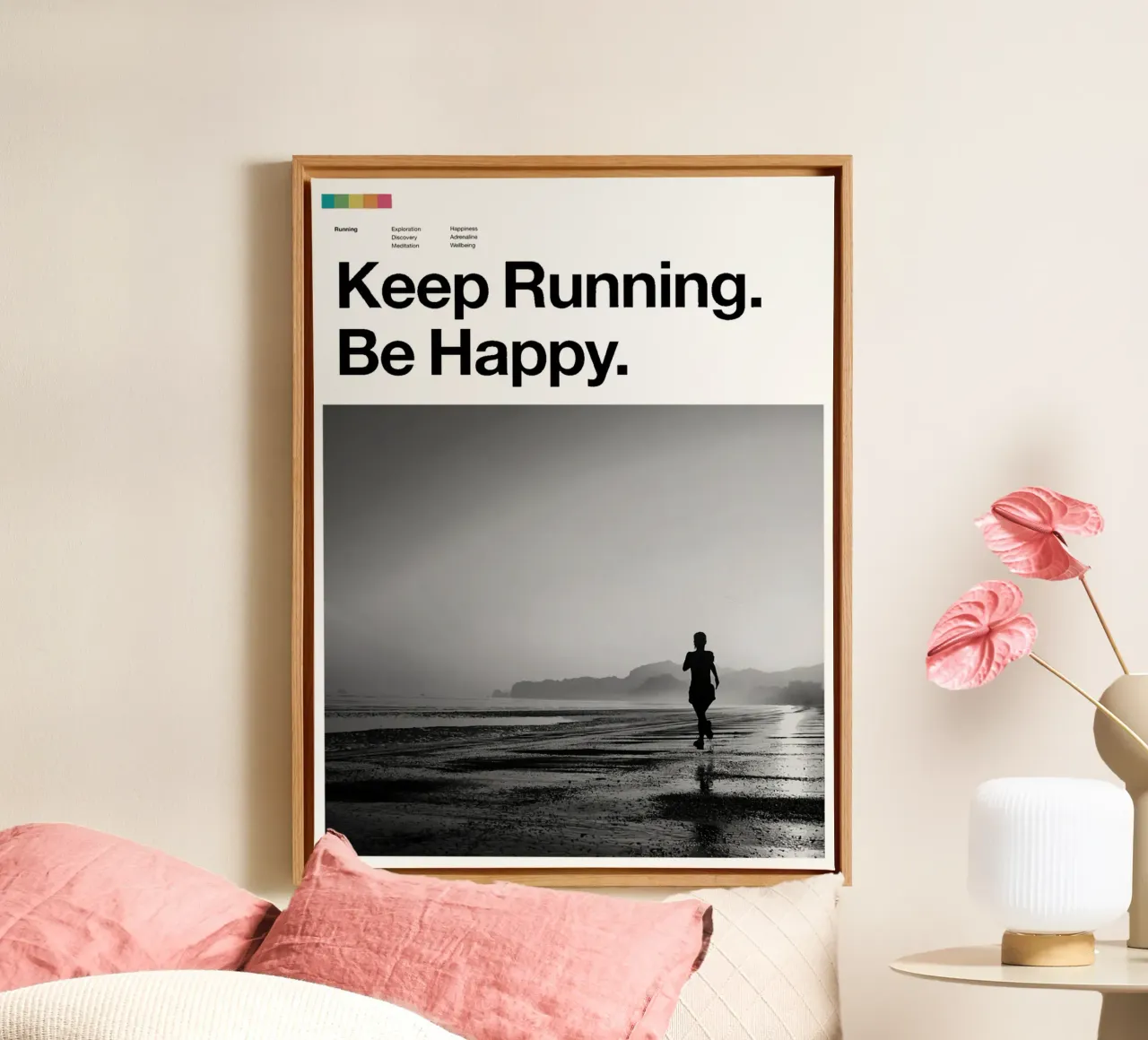 Poster Keep Running Be Happy tela con Cornice a cassetta da Classicprint