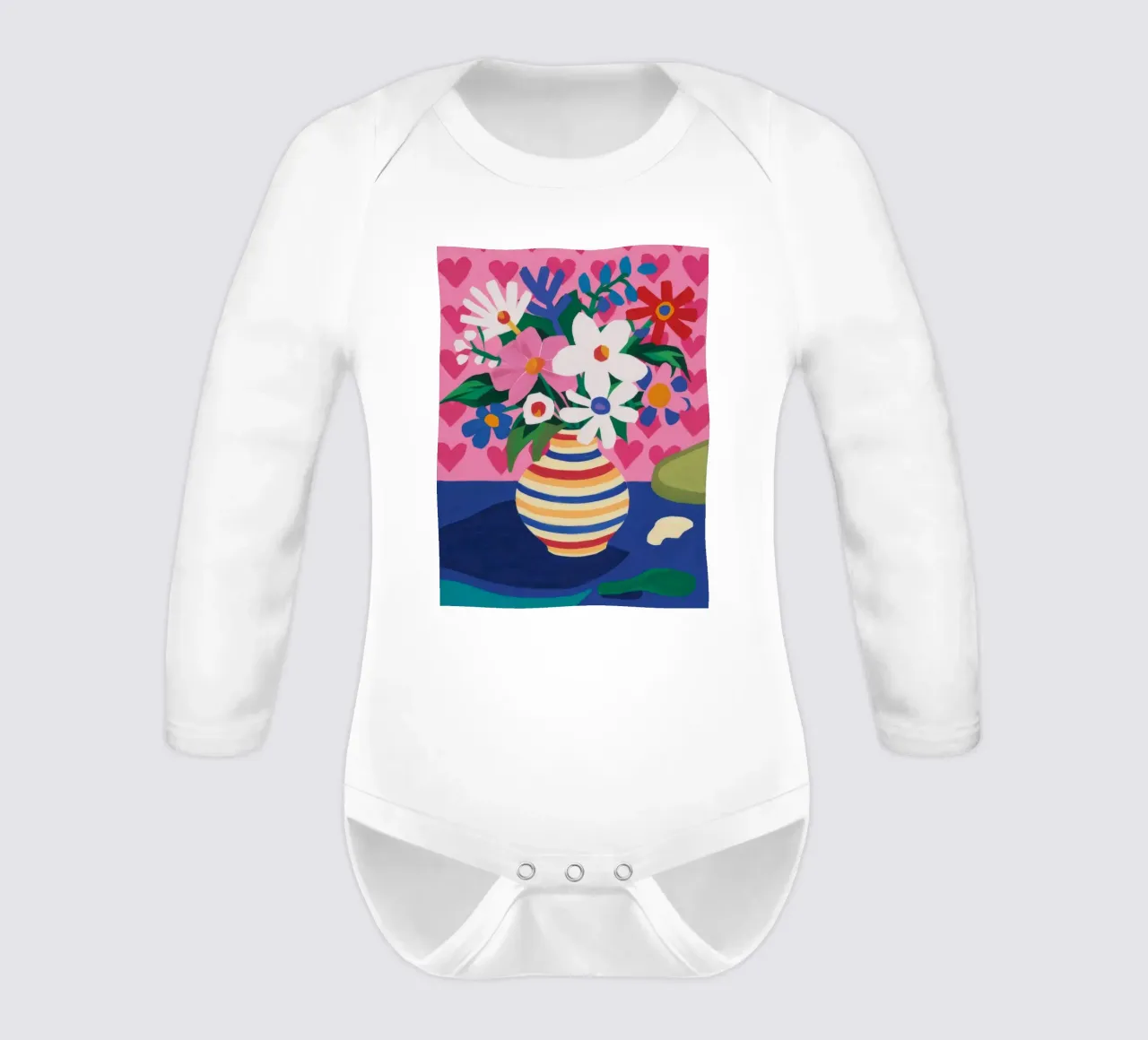 Rainbow Vase Delight long-sleeve baby romper by Haven Mirage
