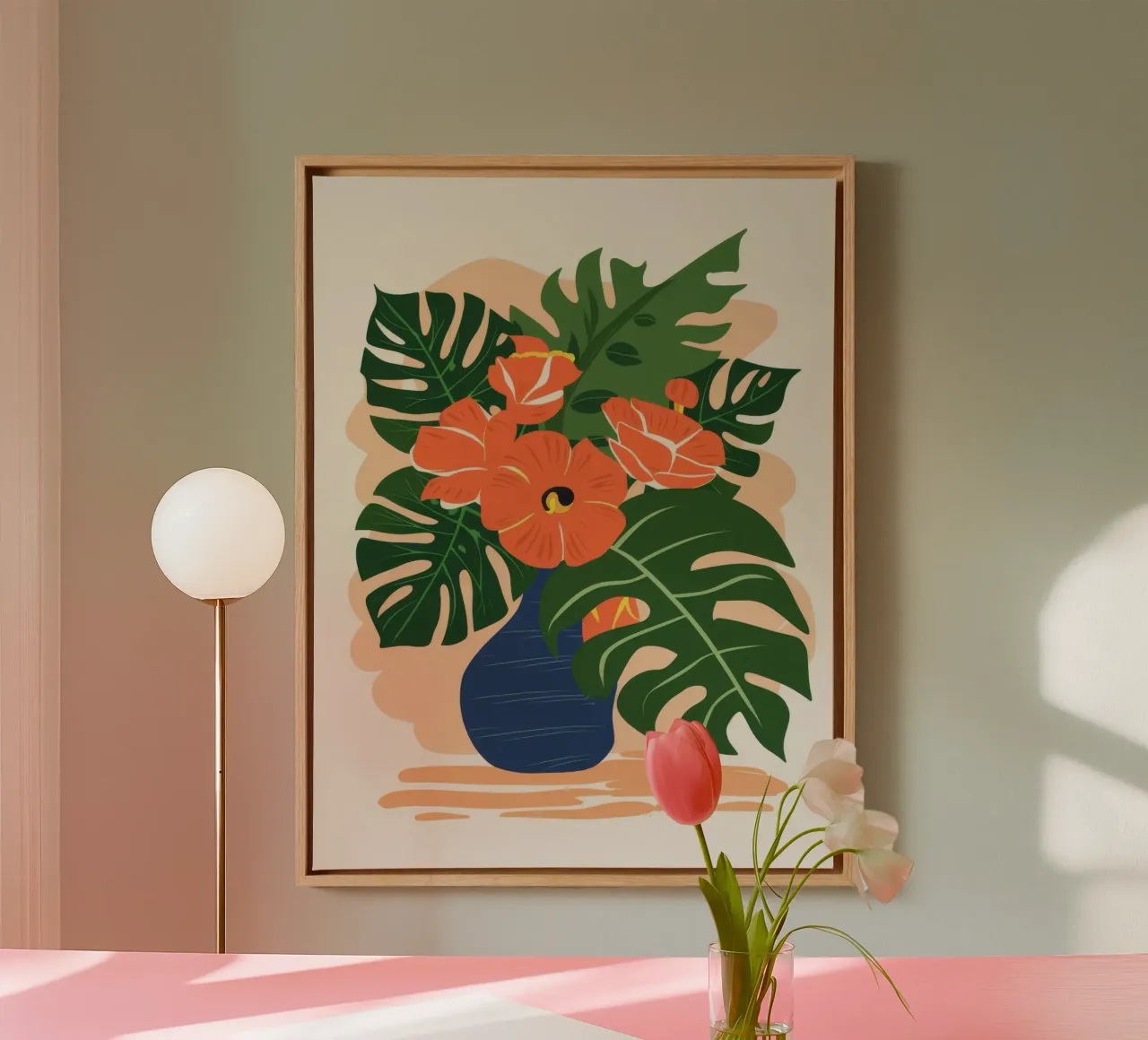 Monstera Hibiscus Stilleven canvas met Baklijst van Stone Patina