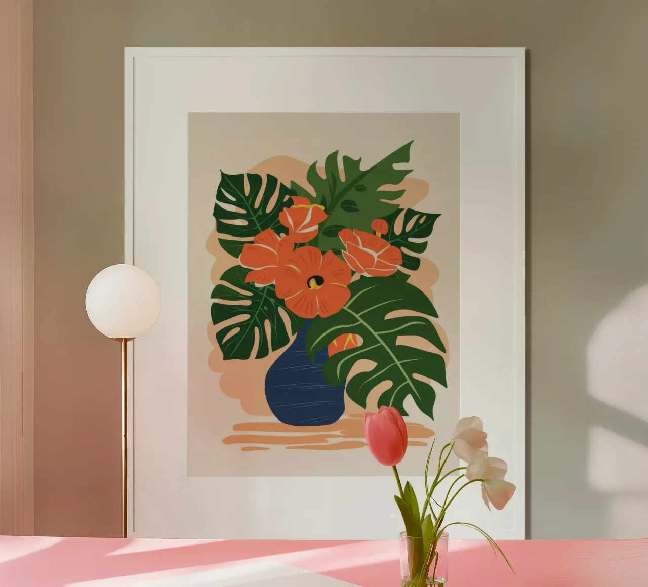 Monstera Hibiscus Natura morta poster con telaio in plastica da Stone Patina
