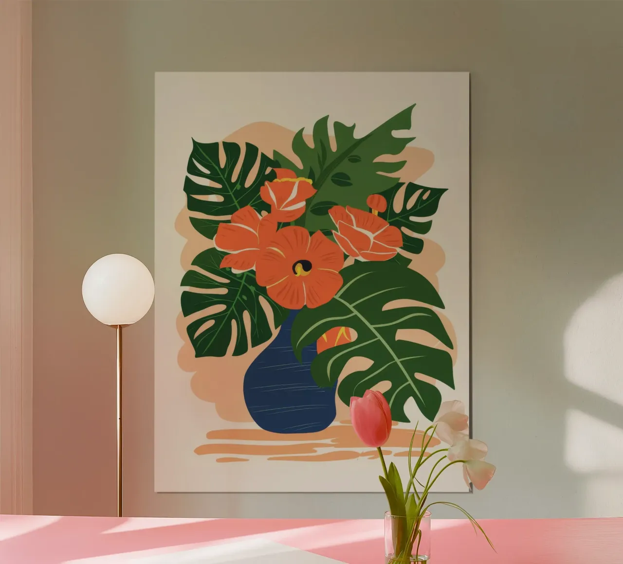 Monstera Hibiscus Natura morta poster con telaio in plastica da Stone Patina