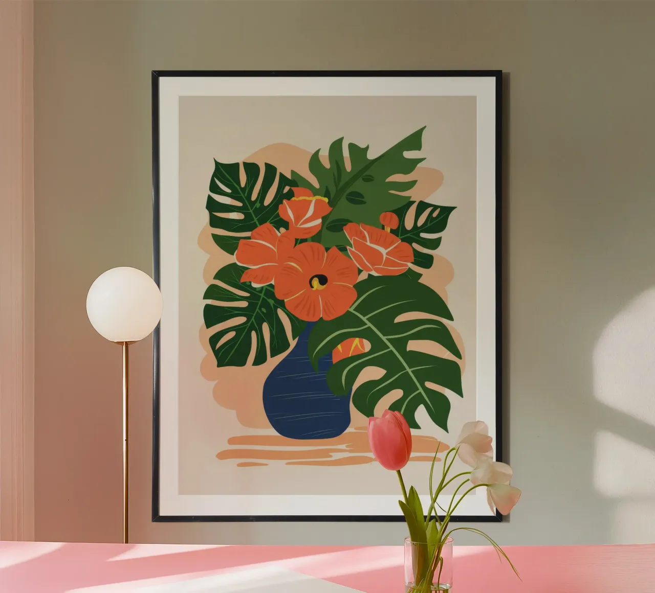 Monstera Hibiscus Natura morta poster con telaio in plastica da Stone Patina