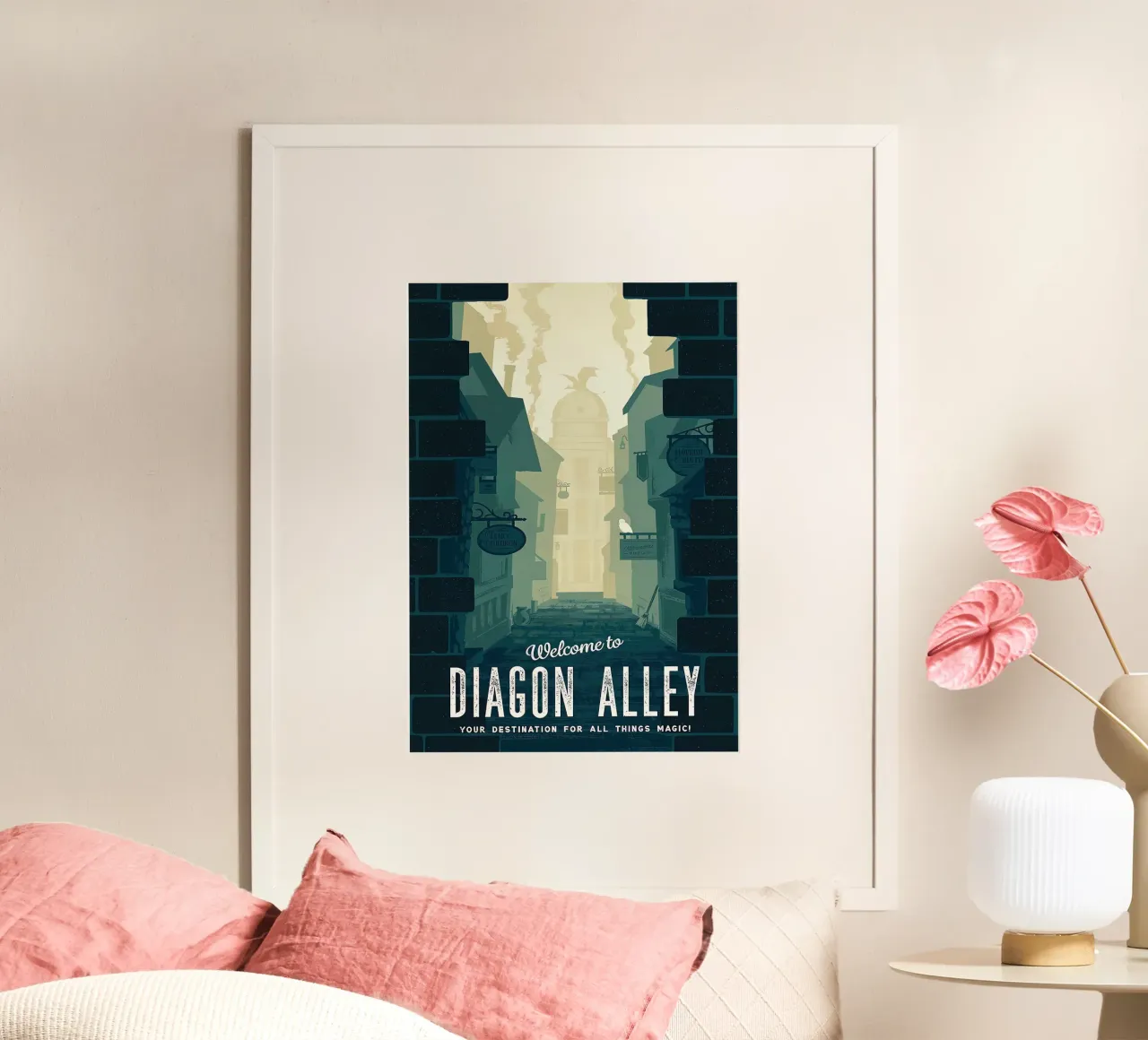 Benvenuti a Diagon Alley poster con telaio in alluminio da Alice Slatera