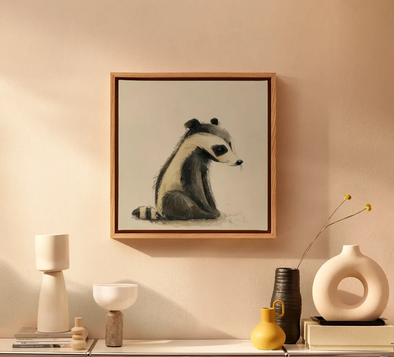 Stylized Illustration of a Sitting Badger canvas with Floater frame by DesignDoodle