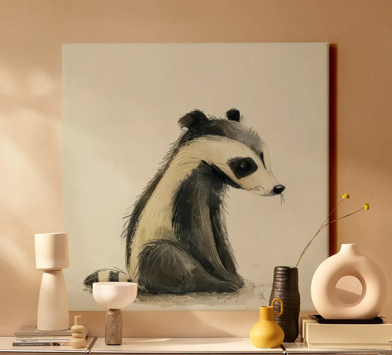 Stylized Illustration of a Sitting Badger canvas with Floater frame by DesignDoodle