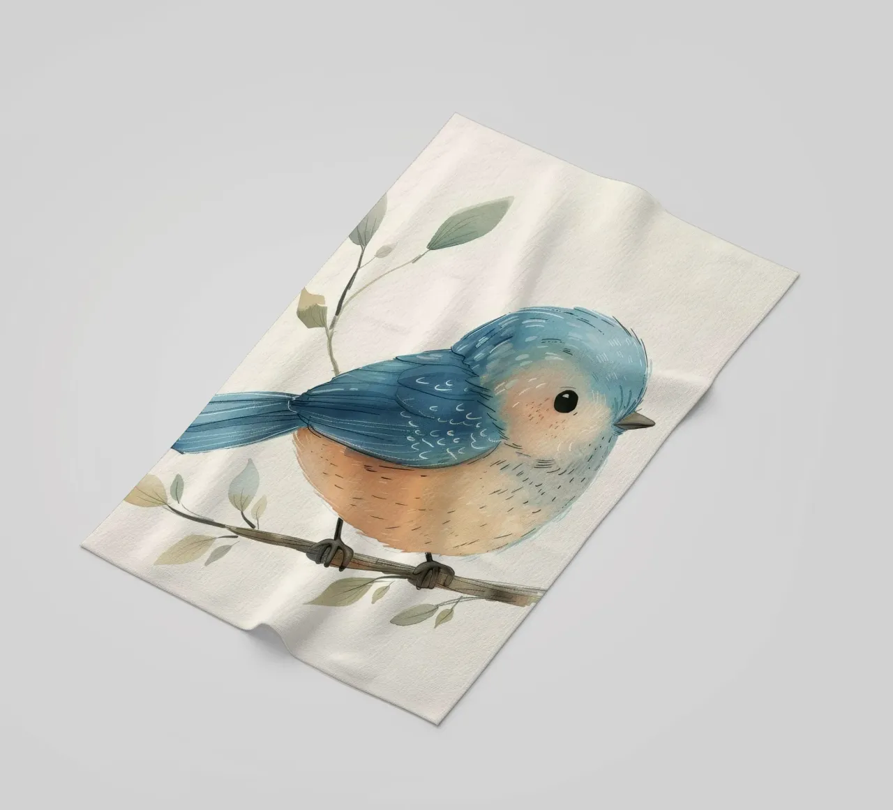 Illustrazione stilizzata di un piccolo uccello paffuto su un ramo telo mare da DesignDoodle