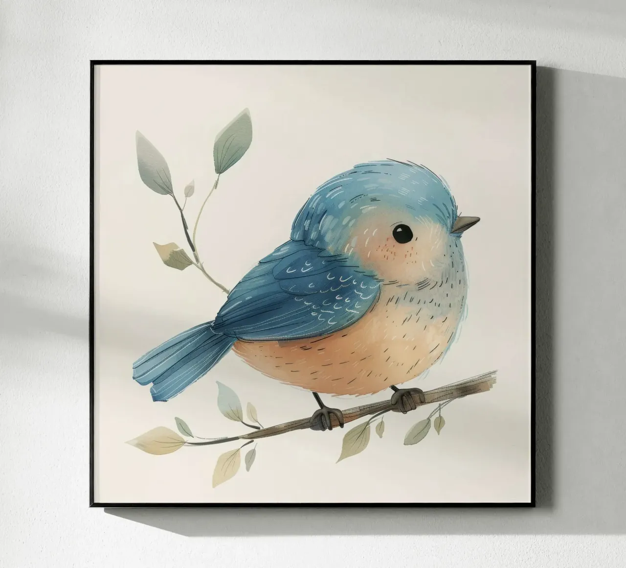 Illustrazione stilizzata di un piccolo uccello paffuto su un ramo plexiglass da DesignDoodle