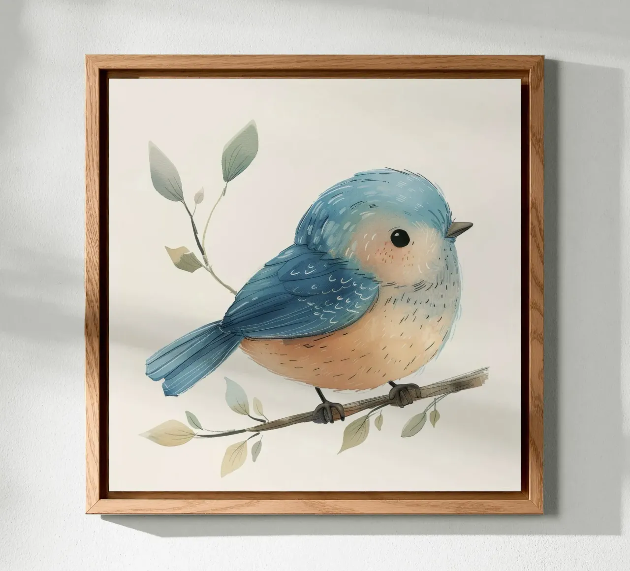 Illustrazione stilizzata di un piccolo uccello paffuto su un ramo alluminio dibond da DesignDoodle