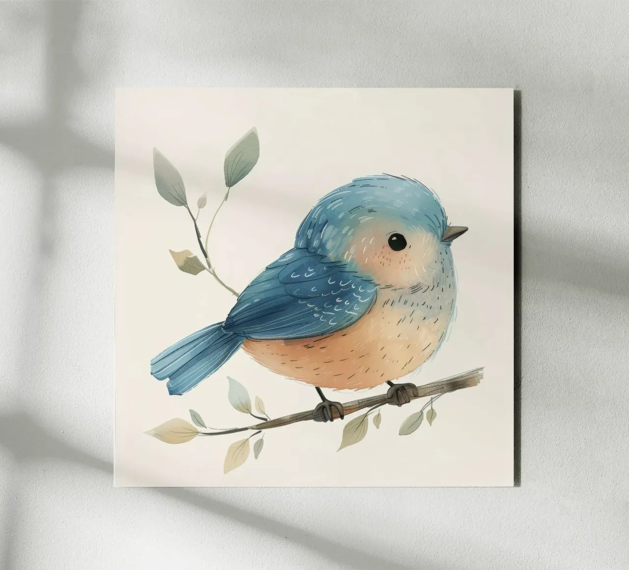 Illustrazione stilizzata di un piccolo uccello paffuto su un ramo alluminio dibond da DesignDoodle