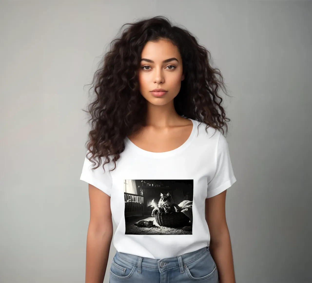 Chatte et quatre chatons. Noir et blanc. women's fitted t-shirt by Thierry vobmann photography