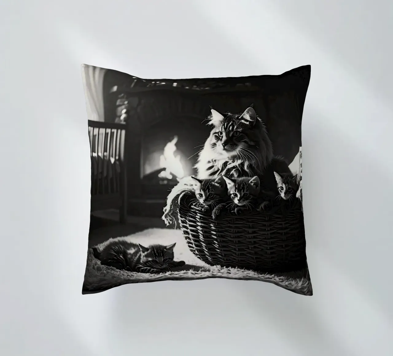 Chatte et quatre chatons. Noir et blanc. cuscino da Thierry vobmann photography