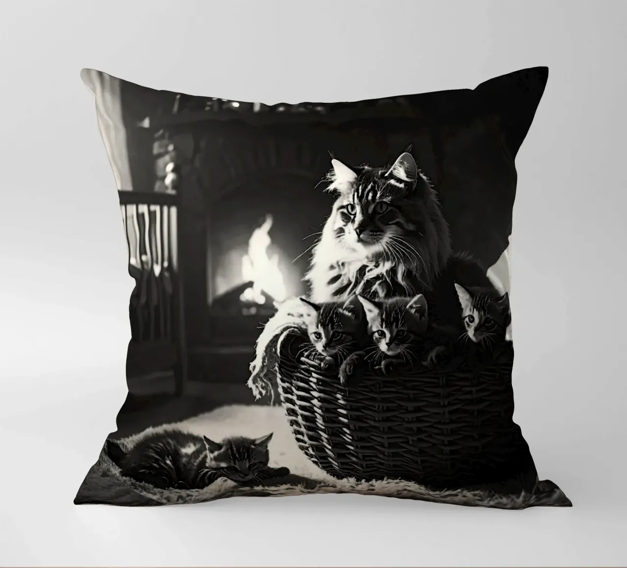 Chatte et quatre chatons. Noir et blanc. cuscino da Thierry vobmann photography