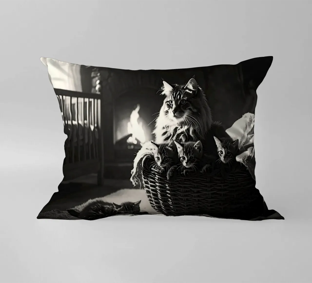 Chatte et quatre chatons. Noir et blanc. cuscino da Thierry vobmann photography