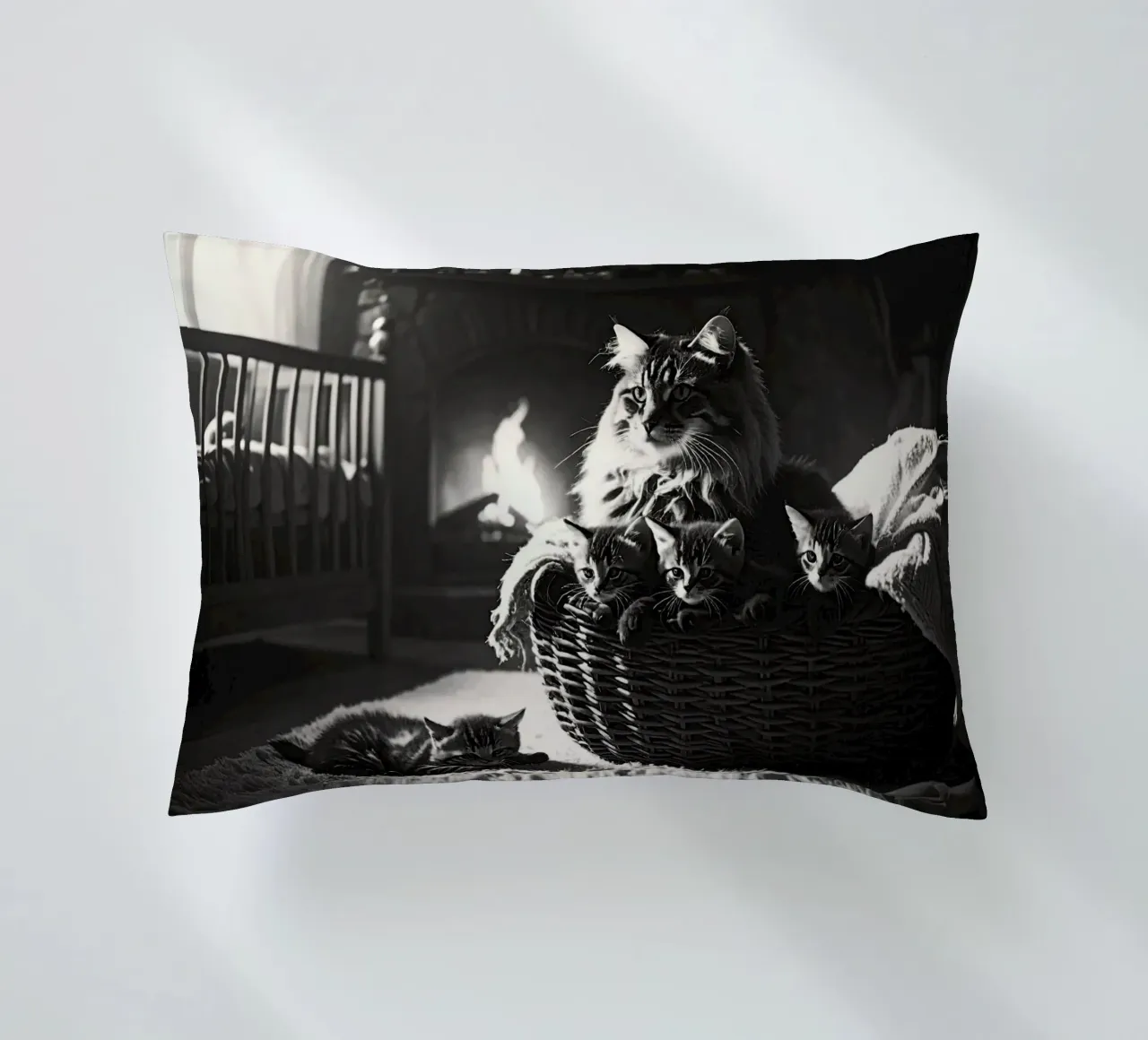 Chatte et quatre chatons. Noir et blanc. cuscino da Thierry vobmann photography