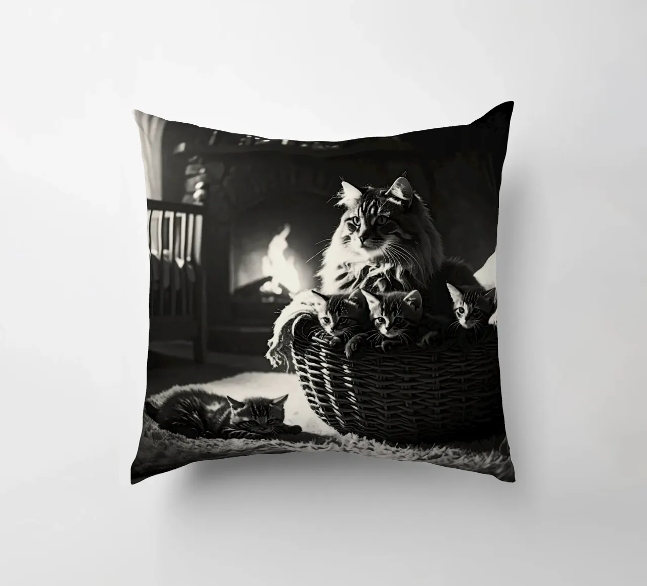 Chatte et quatre chatons. Noir et blanc. cuscino da Thierry vobmann photography