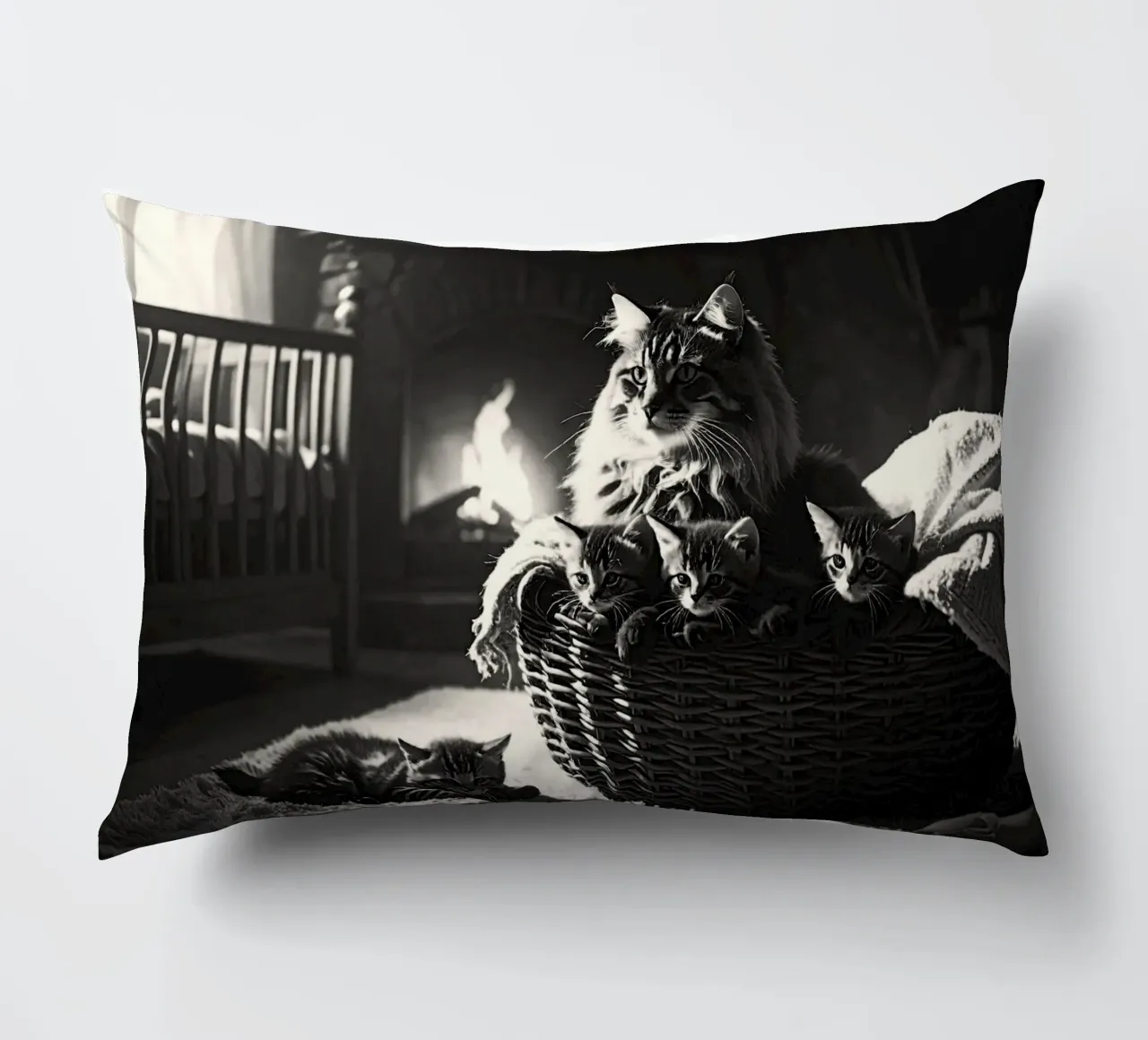 Chatte et quatre chatons. Noir et blanc. cuscino da Thierry vobmann photography