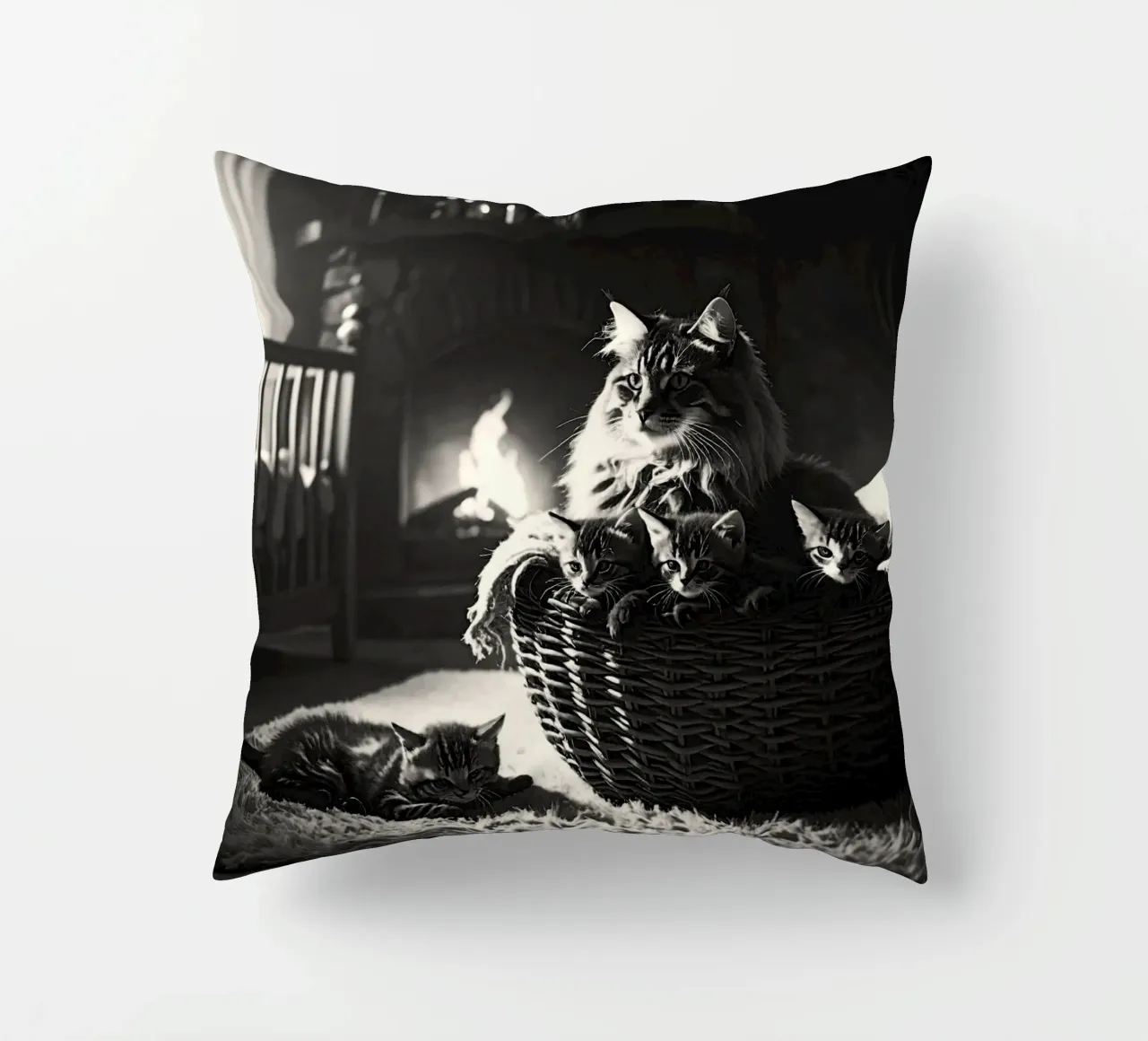 Chatte et quatre chatons. Noir et blanc. cuscino da Thierry vobmann photography