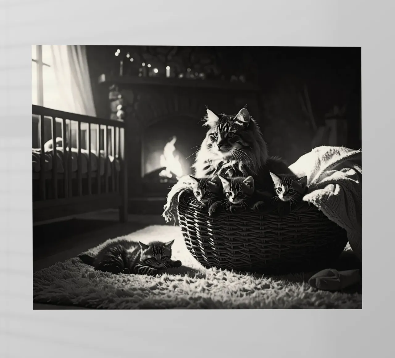 Chatte et quatre chatons. Noir et blanc. pellicola backlit da Thierry vobmann photography
