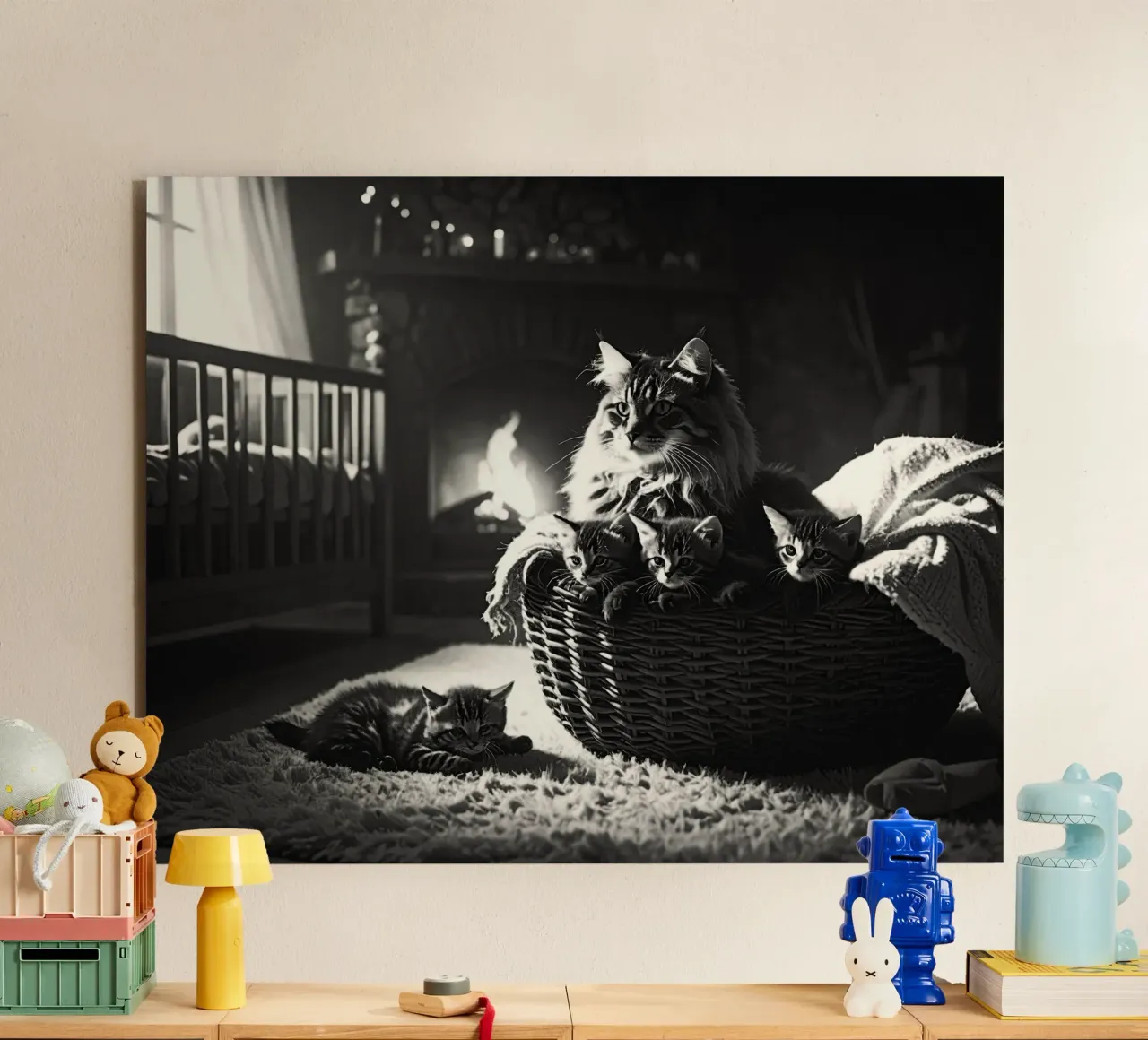 Chatte et quatre chatons. Noir et blanc. alluminio dibond da Thierry vobmann photography