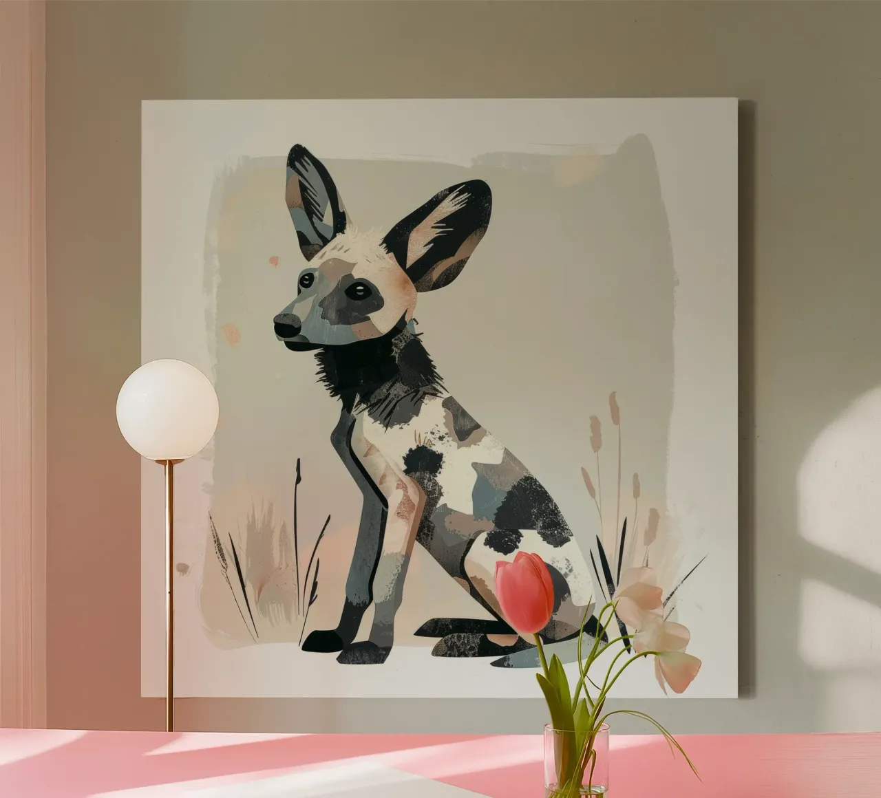 Illustrazione stilizzata di un cucciolo di cane selvatico africano tela con Cornice a cassetta da DesignDoodle